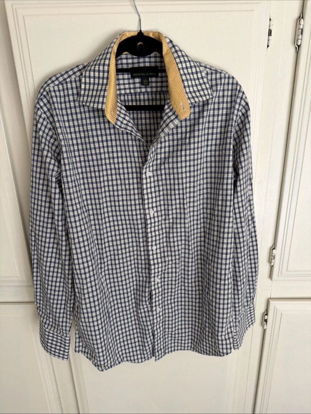 Bristol & Bull Blue Plaid w/ Yellow Check Spread Collar Dress Shirt Men’s Large